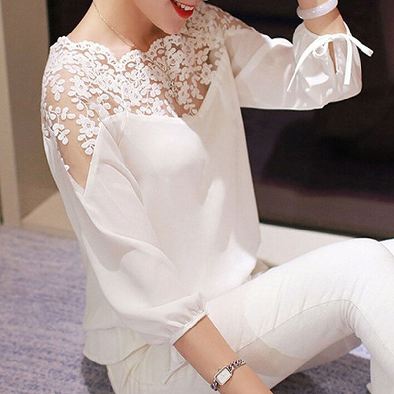 NEW Ladies Girl Women 3\4 Sleeve Lace Hollow Casual Chiffon Blouse Crop Tops L2