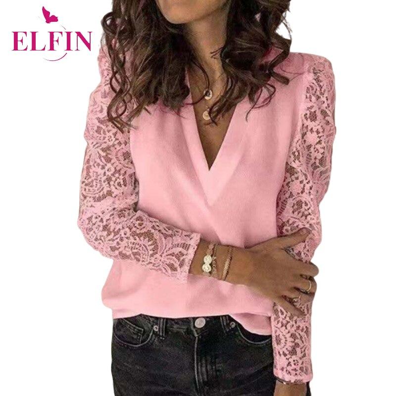Lace Patchwork Women V Neck Casual Elegant Long Sleeve Tops And Blouses Ladies Plus Size Harajuku Korean Shirt 2020 SJ5690R