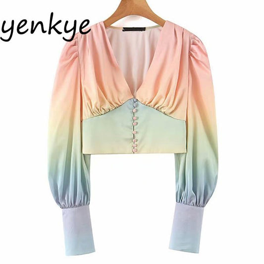 Multicolor Gradient  Blouse Shirt Women Lantern Sleeve V Neck Streetwear Crop Top Chemise Femme Summer Chiffon Blouses blusas