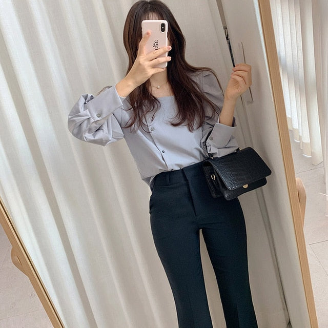HziriP Gentle 2020 Square Collar All-Match Lantern Sleeves Casual High Quality Loose Office Lady Stylish Brief Women Shirts