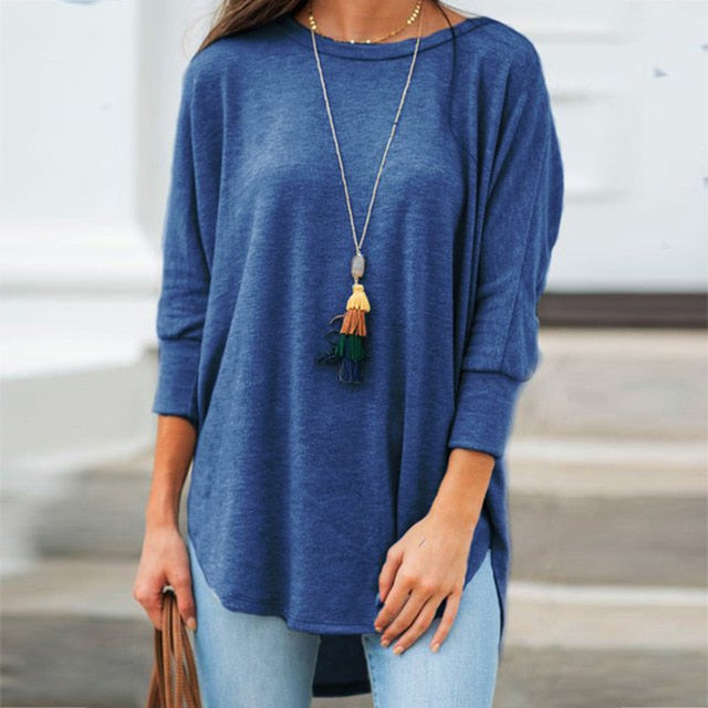 Solid Black Shirt Woman Casual Cotton O Neck Women's Tops And Blouses  Three Quarter Sleeve Irregular Women Blouses Tunic Autumn