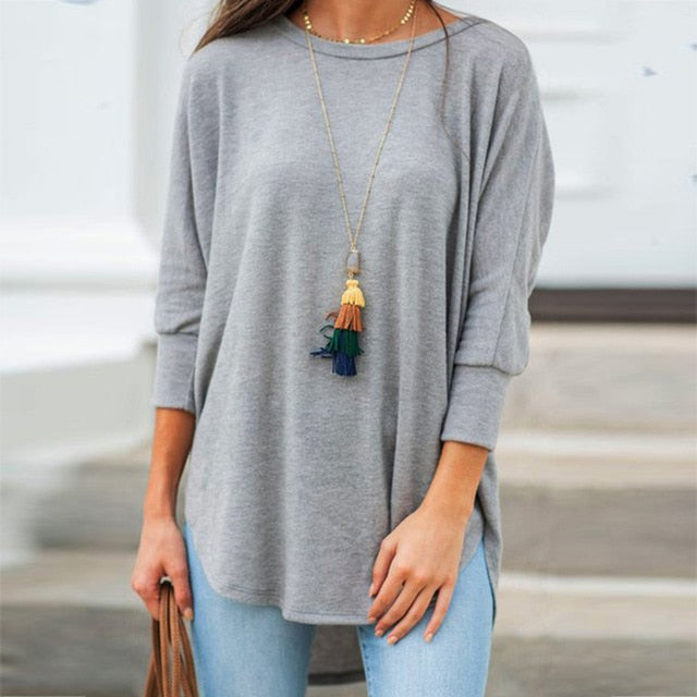 Solid Black Shirt Woman Casual Cotton O Neck Women's Tops And Blouses  Three Quarter Sleeve Irregular Women Blouses Tunic Autumn