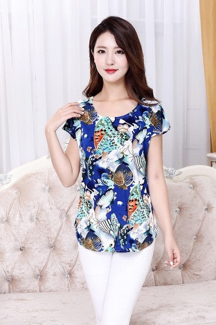 5XL Women Ladies Clothing Tops short Sleeve printing Shirts Casual Boat anchor Blouse Silk female woman clothes plus size