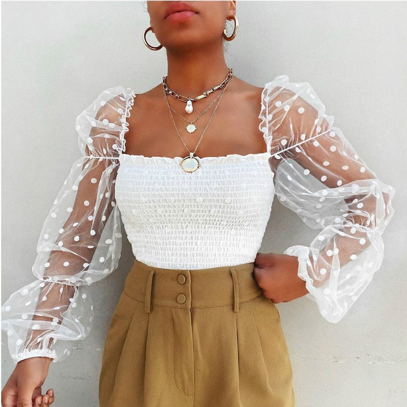 Women Square Neck Lace See-through Puff Sleeve Blouse High Street Beach Vacation Polka Dot  Elastic Top
