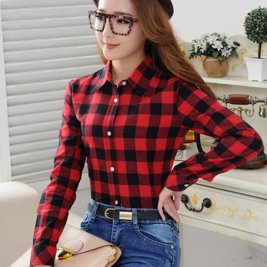 2020 Spring New Fashion Casual Lapel Plus Size Blouses Women Plaid Shirt Checks Flannel Shirts Female Long Sleeve Tops Blouse