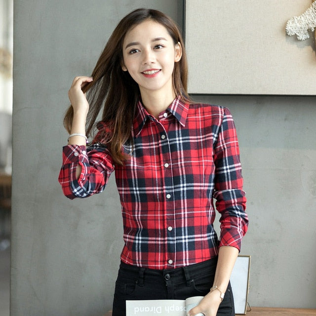 2020 Spring New Fashion Casual Lapel Plus Size Blouses Women Plaid Shirt Checks Flannel Shirts Female Long Sleeve Tops Blouse