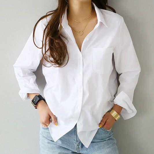 Aachoae Women Casual White Blouses Long Sleeve Office Shirts 2020 Turn Down Collar Solid Pocket Shirt Ladies Plus Size Tunic Top