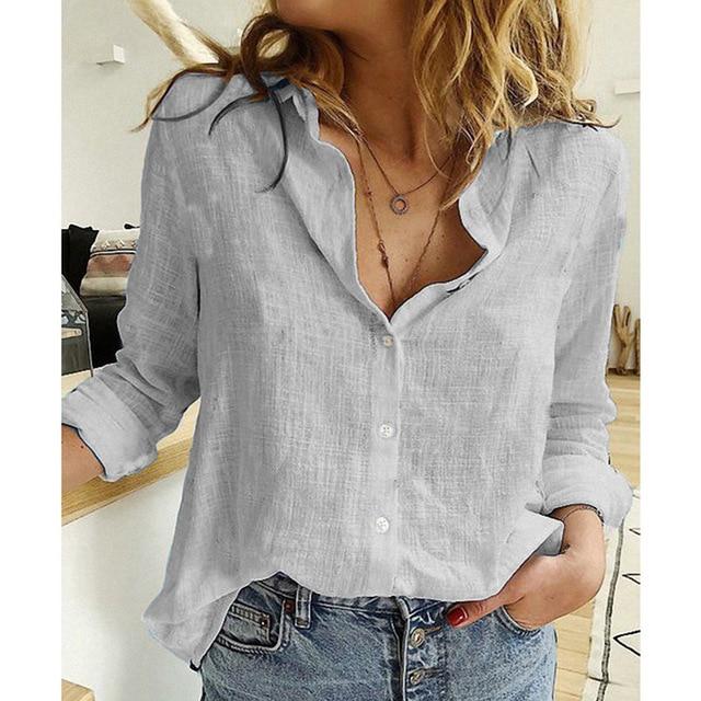 Womens Blouses Spring Autumn Tops Leisure White Shirts Button V Neck Cardigan Top Loose Long Sleeve Oversized Shirt Blusas