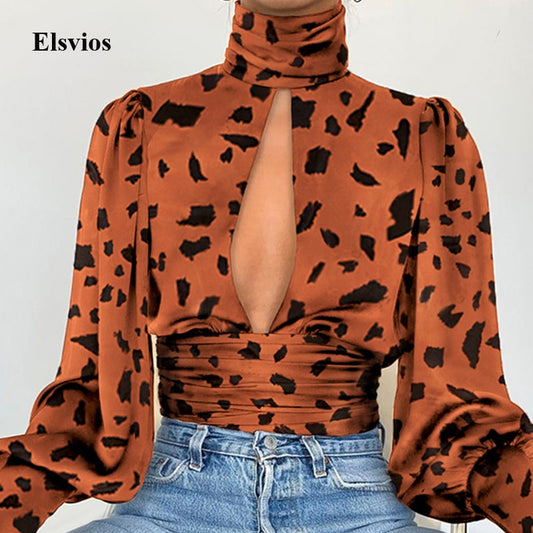 Leopard Turtleneck Satin Silk Women Blouse Sexy Hollow Out Backless Shirt Blouse Elegant Autumn Long Sleeve Pleated Top Blusa XL