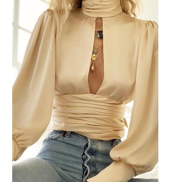 Leopard Turtleneck Satin Silk Women Blouse Sexy Hollow Out Backless Shirt Blouse Elegant Autumn Long Sleeve Pleated Top Blusa XL