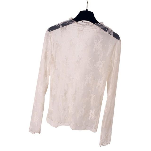 Summer Spring Womens See Through Mesh Basic Long Sleeve Blouse Mock Neck Embroidered Floral Lace Loose Pullover Tops