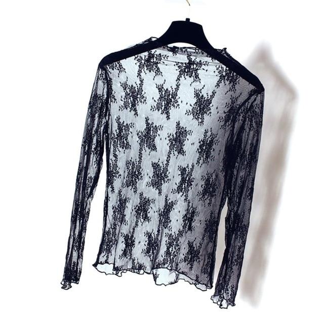Summer Spring Womens See Through Mesh Basic Long Sleeve Blouse Mock Neck Embroidered Floral Lace Loose Pullover Tops