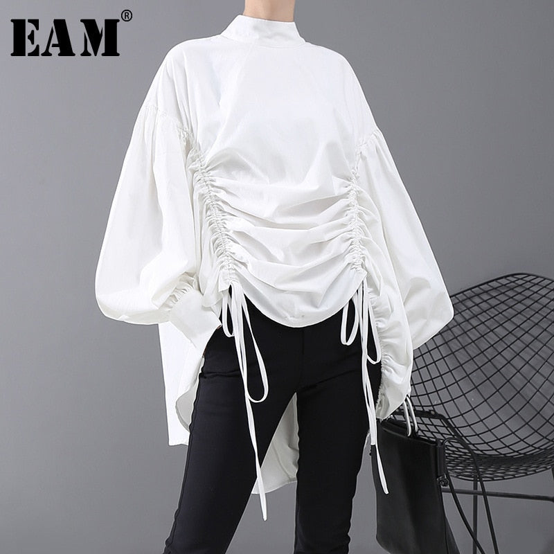 [EAM] Women Back Long Drawstring Big Size Blouse New Satnd Collar Long Sleeve Loose Fit Shirt Fashion Spring Autumn 2020 1N242