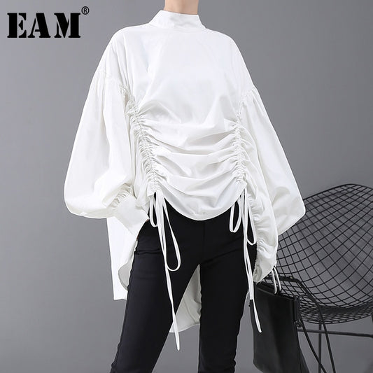 [EAM] Women Back Long Drawstring Big Size Blouse New Satnd Collar Long Sleeve Loose Fit Shirt Fashion Spring Autumn 2020 1N242