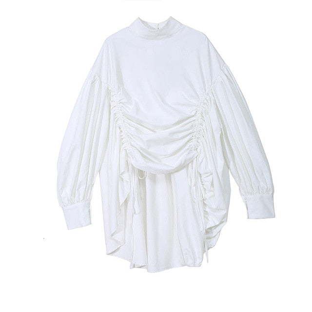 [EAM] Women Back Long Drawstring Big Size Blouse New Satnd Collar Long Sleeve Loose Fit Shirt Fashion Spring Autumn 2020 1N242