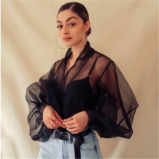 Shirts Women Blouse 2019 Female Fashion Long Puff Sleeve Solid Top Femme Casual Transparent Blusas Top Plus Size Womens Tunic