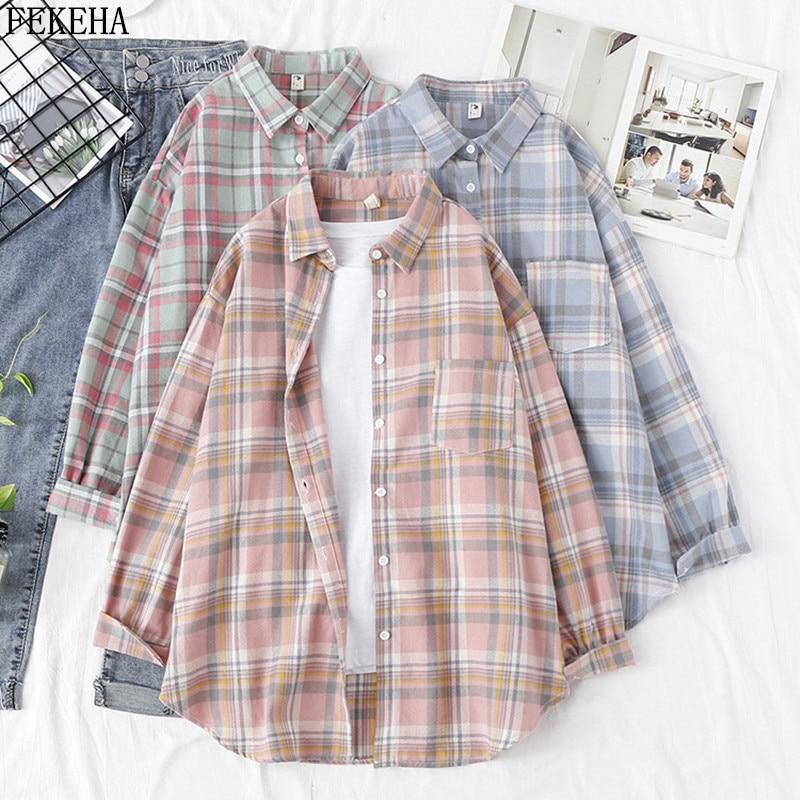 Women Blouses And Shirt Casual Plaid Shirts Loose Boyfriend Style 100% Cotton Ladies Tops Outwear 2020 Oversized