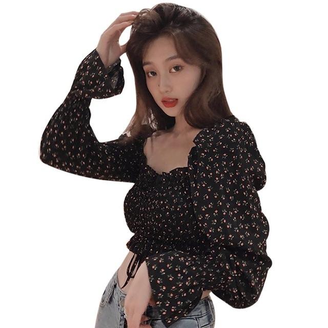 Women Floral Print Pleated Blouses Female Shirts Square Collar Short Chiffon Long Slevee Blouses Streetwear