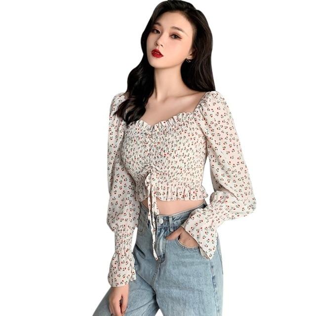 Women Floral Print Pleated Blouses Female Shirts Square Collar Short Chiffon Long Slevee Blouses Streetwear