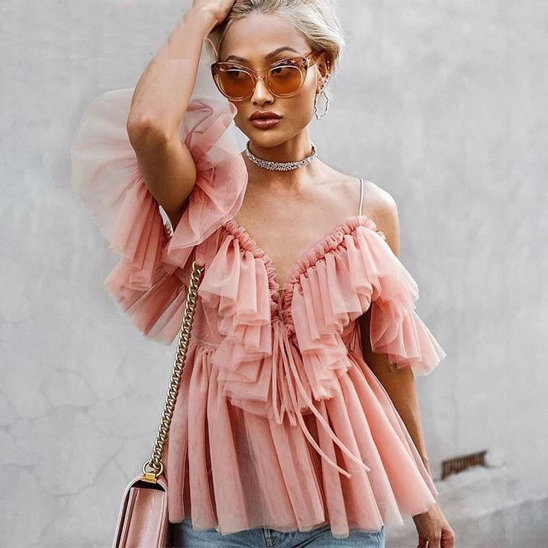 Sexy deep v neck backless vintage women summer blouse Elegant ruffle off shoulder shirt tops female Mesh blouse blusas
