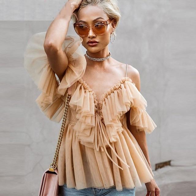 Sexy deep v neck backless vintage women summer blouse Elegant ruffle off shoulder shirt tops female Mesh blouse blusas