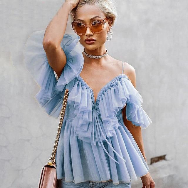 Sexy deep v neck backless vintage women summer blouse Elegant ruffle off shoulder shirt tops female Mesh blouse blusas