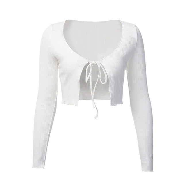 New Ladies Front Tie Up Cropped Wrap Open Cardigan Bow Casual Solid tops mujer V-Neck Drawstring Long Sleeve top blouse women