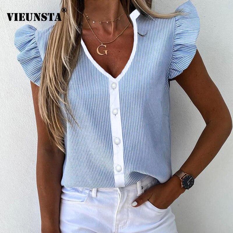 Striped Print V Neck Ruffle Blouse Shirt Women 2020 Summer Butterfly Sleeve Casual Shirts Elegant Button Office Lady Blouse Tops