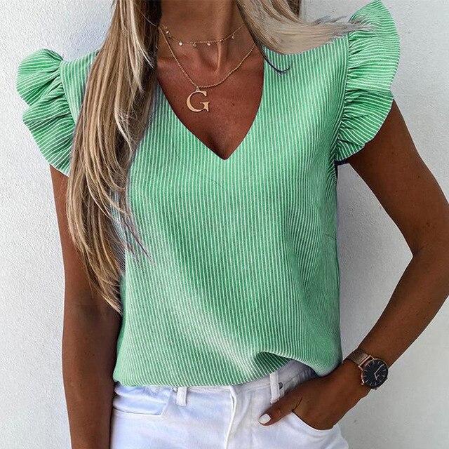 Striped Print V Neck Ruffle Blouse Shirt Women 2020 Summer Butterfly Sleeve Casual Shirts Elegant Button Office Lady Blouse Tops