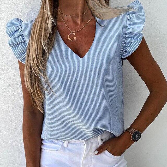 Striped Print V Neck Ruffle Blouse Shirt Women 2020 Summer Butterfly Sleeve Casual Shirts Elegant Button Office Lady Blouse Tops