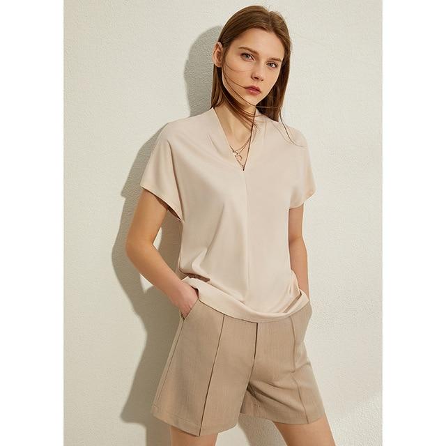 AMII Minimalism Spring Summer Chiffon Solid Vneck Loose Women Blouse Causal Daily Short Sleeves Female Blouse 12060068