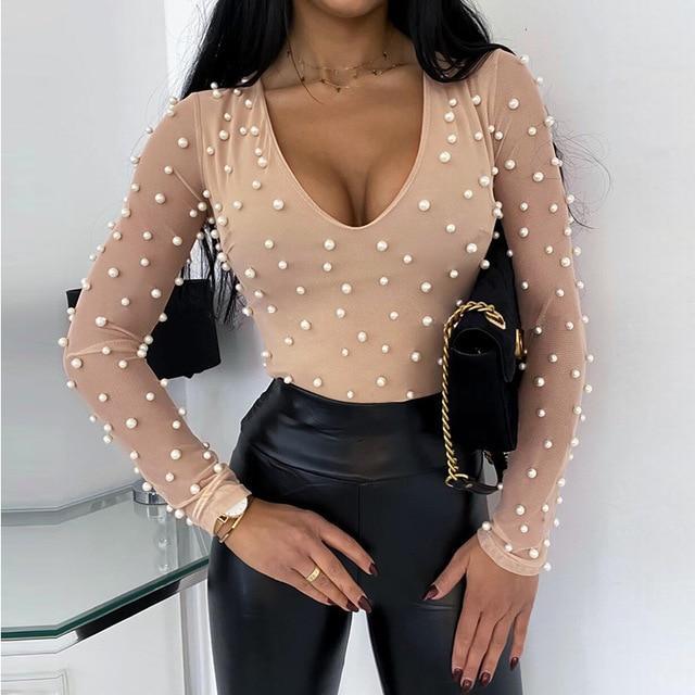2020 Fashion Sexy Beading Mesh See Through Low Cut Skinny Long Sleeve Women Blouse Sexy Tops and Shirt Long Sleeve Women Shirt