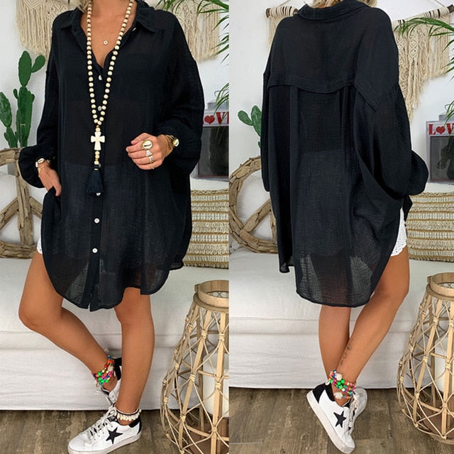 5XL Plus Size Tops Cotton Linen Shirt Women Long Sleeve White Tunic Cardigan Casual Loose Button Turn Down Collar Blouses Shirts