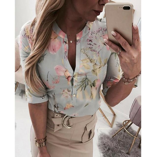 Women Long Half Sleeve Loose Shirts Shirt OL Clothes Plain Casual Button Blouse Office Lady Summer Chiffon Shirts blusa feminina