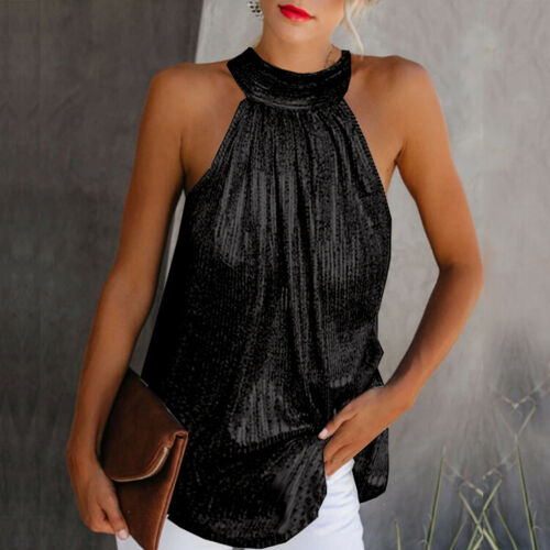 Women Gold Blouse 2019 New Fashion High Neck Sleeveless Hatler Tank Top Vest Summer Casual Loose Blouse Shirt Tee