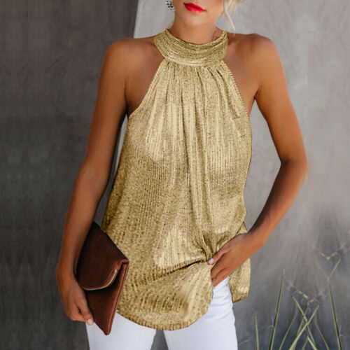 Women Gold Blouse 2019 New Fashion High Neck Sleeveless Hatler Tank Top Vest Summer Casual Loose Blouse Shirt Tee