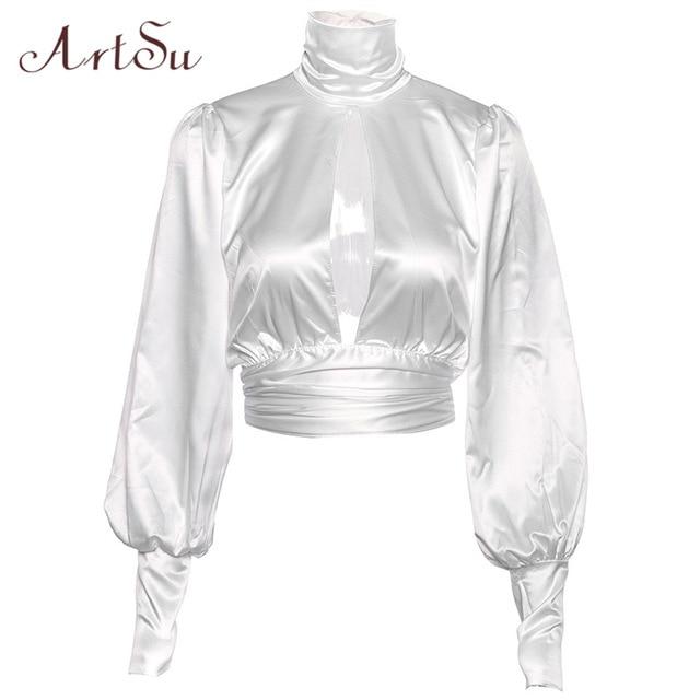 ArtSu Women Sexy Lace Up Bow Satin Blouse Turtleneck Shirt Backless Blouses Blusas Women Puff Sleeve Crop Top Spring ASBL30142