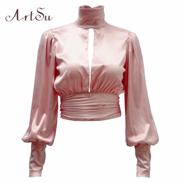 ArtSu Women Sexy Lace Up Bow Satin Blouse Turtleneck Shirt Backless Blouses Blusas Women Puff Sleeve Crop Top Spring ASBL30142