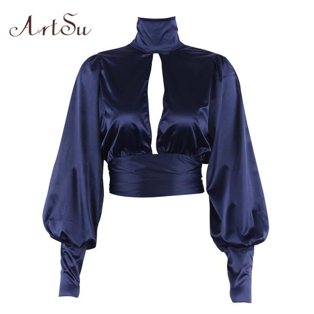 ArtSu Women Sexy Lace Up Bow Satin Blouse Turtleneck Shirt Backless Blouses Blusas Women Puff Sleeve Crop Top Spring ASBL30142