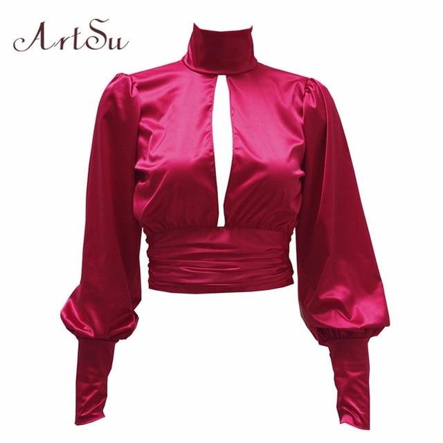 ArtSu Women Sexy Lace Up Bow Satin Blouse Turtleneck Shirt Backless Blouses Blusas Women Puff Sleeve Crop Top Spring ASBL30142