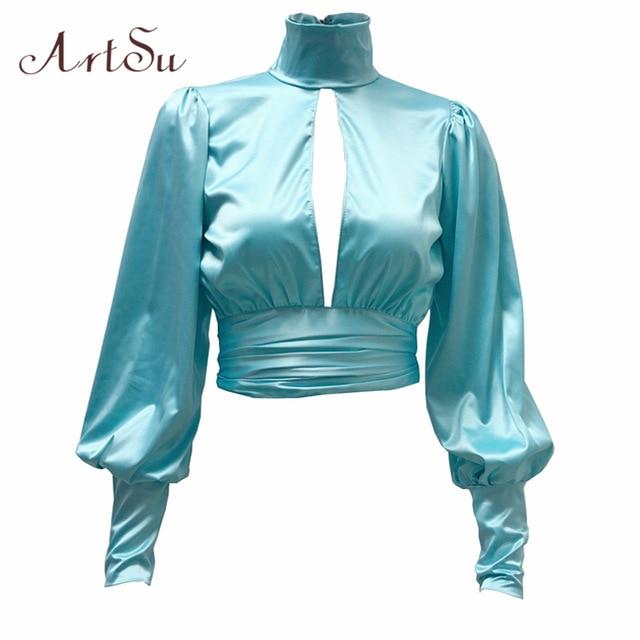 ArtSu Women Sexy Lace Up Bow Satin Blouse Turtleneck Shirt Backless Blouses Blusas Women Puff Sleeve Crop Top Spring ASBL30142