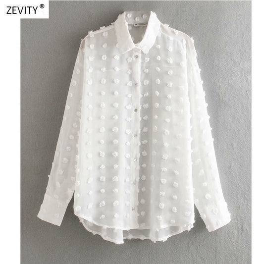 new women fashion dot stitching casual chiffon blouse shirt women long sleeve chic blusas perspective white chemise tops LS3725