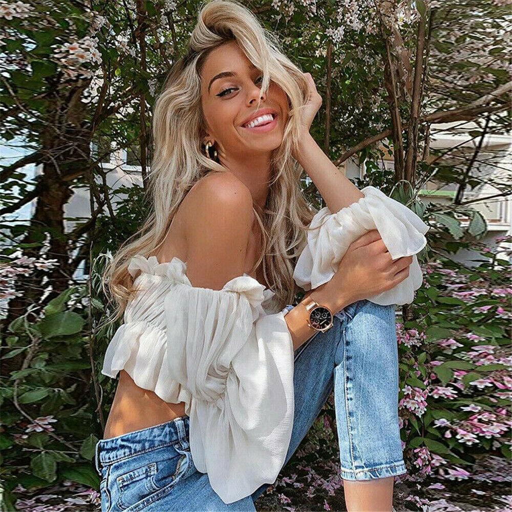 Sexy Candy color Women Off Shoulder Sheer Mesh Puff Long Sleeve Ruffle Crop Tops Shirt Blouse Tops
