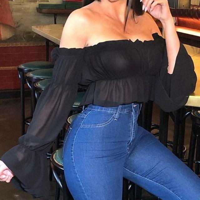 Sexy Candy color Women Off Shoulder Sheer Mesh Puff Long Sleeve Ruffle Crop Tops Shirt Blouse Tops