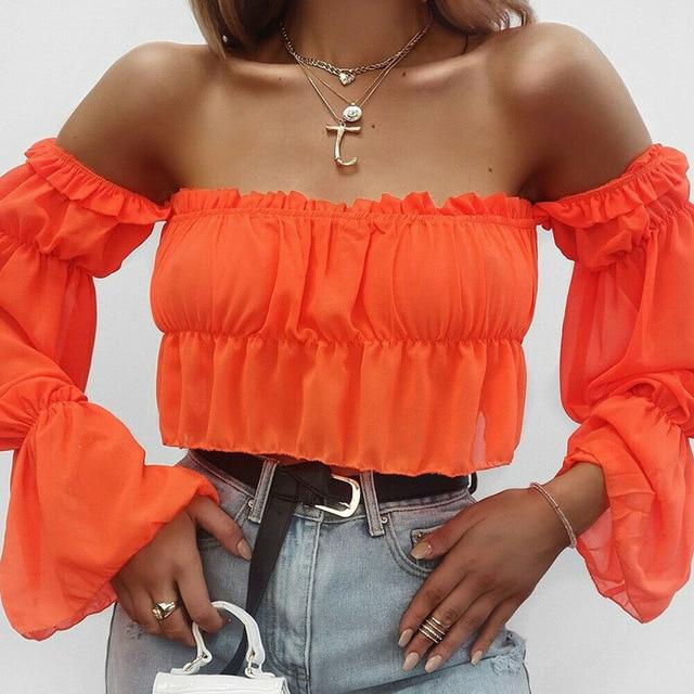 Sexy Candy color Women Off Shoulder Sheer Mesh Puff Long Sleeve Ruffle Crop Tops Shirt Blouse Tops
