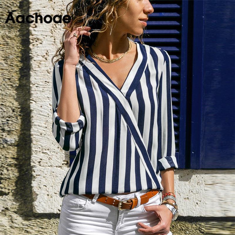 Aachoae Women Striped Blouse Shirt Long Sleeve V-neck Shirts Casual Tops Blouse et Chemisier Femme Blusas Mujer de Moda 2020