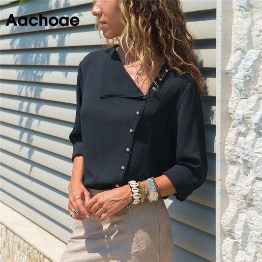 Aachoae Blouse 2020 Fashion Long Sleeve Women Blouses and Tops Skew Collar Solid Office Shirt Casual Tops Blusas Chemise Femme