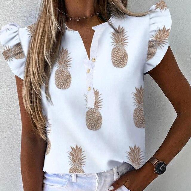 Summer Casual Women's Blouse Pineapple Floral Print Ruffle Blusa Elegant Office Ladies O-Neck Short Sleeve Tops Shirt Streetwear