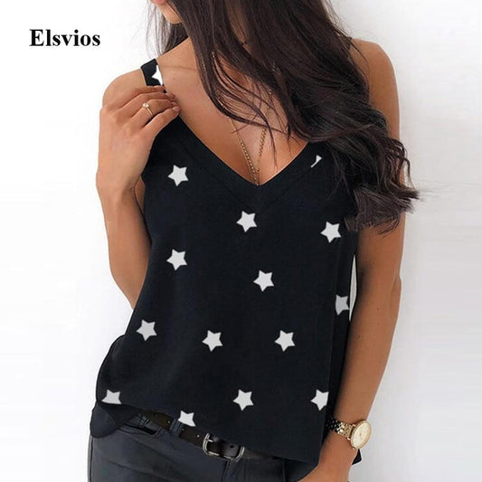 2020 Sexy V-Neck Sleeveless Blouse Shirt Women Elegant Flower Print Loose Tops Summer Lady Off Shoulder Plus Size Blusa Shirts