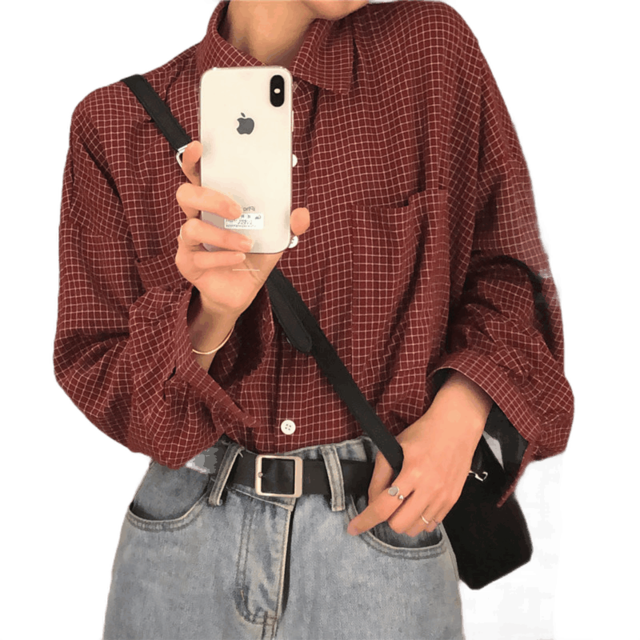 Blouse Women Shirts Turn-down Collar Long Sleeve Plaid Outwear Pocket White Korean Style Students Ulzzang Leisure All-match Chic